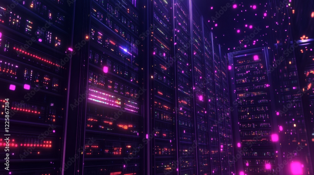 Obraz premium Data center. abstract digital warehouse. Server room of clouds computing technology. Server farm communication with internet. Network connection and information exchange lights glow in the dark.