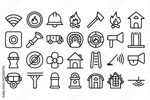 set of  outline icons related to fire protection 