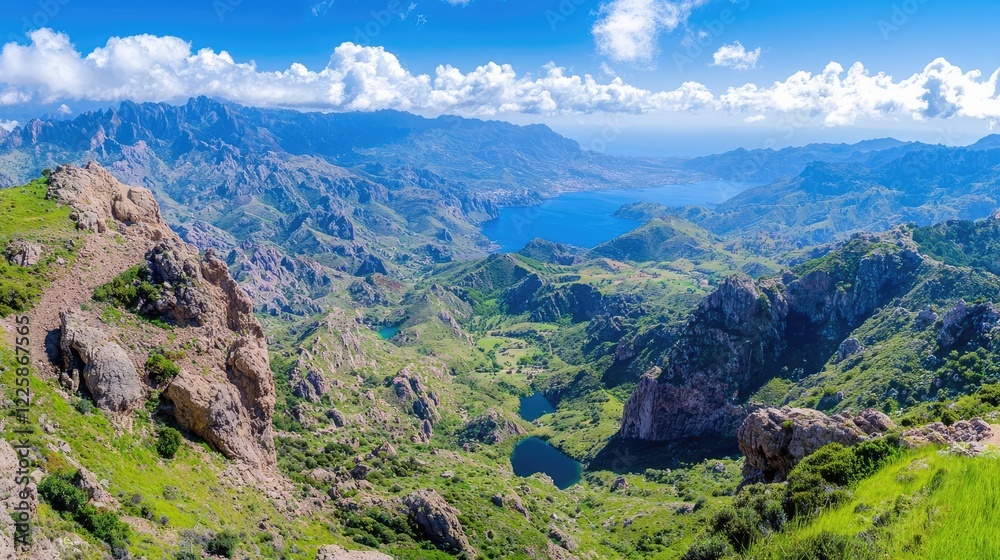 Naklejka premium Mountaintop view Coastal valley, blue waters, sunny day, hiking background. Ideal for travel brochures