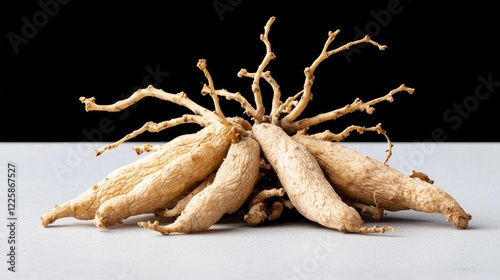 Close-up of pale rhizomes on a table, dark background, suitable for herbal medicine or botany articles