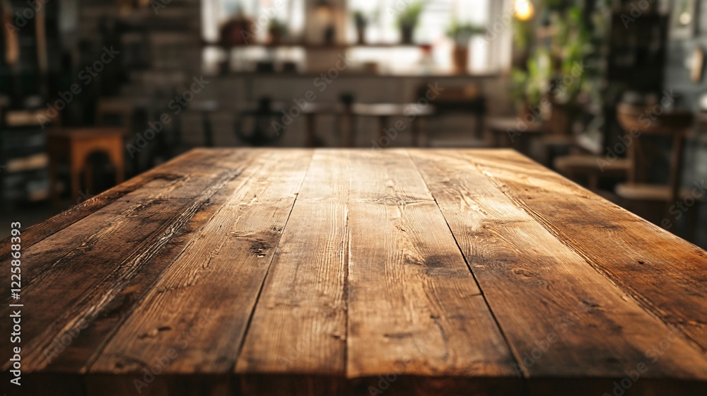Empty wooden tabletop with blurred restaurant background Empty wooden tabletop with blurred restaurant background