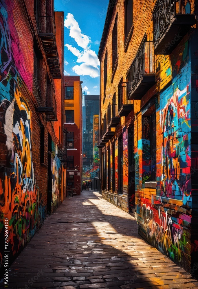 Fototapeta premium exploring colorful urban landscape bright graffiti art set deep city shadows intricate wall textures, mural, spray, vibrant, design, contemporary, pattern