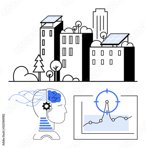 Urban buildings with solar panels, head outline illustrating AI and gears, and chart showing data analysis. Ideal for sustainability, AI, renewable energy, innovation, smart cities, technology