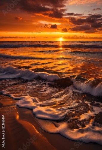 stunning vibrant beach sunset over untouched shoreline majestic beauty nature, water, sky, clouds, horizon, sand, reflection, storm, coast, light, evening