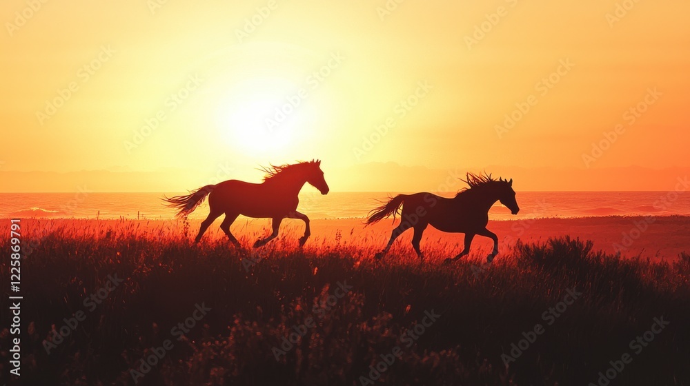 Majestic White Horses Running at Sunset Majestic White Horses Running at Sunset