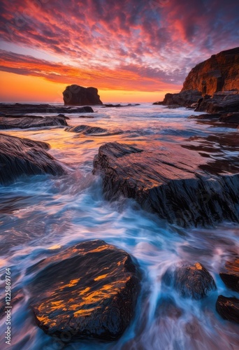 breathtaking sunrise over rocky shoreline captivating waves gently crashing illuminating scene, beach, coastline, dawn, daylight, daybreak, foam, horizon photo