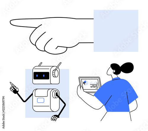 Hand pointing robots with antennas, person using laptop. Ideal for technology, AI, collaboration, guidance, teamwork, innovation, communication. Line metaphor