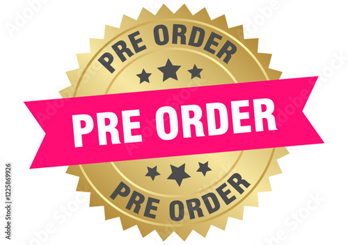 pre order. pre order round pink and gold label isolated on transparent background