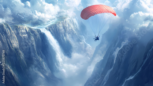 Parachutist with parachute makes heavenly adventure against backdrop of landscape. Heavenly Falls. Illustration