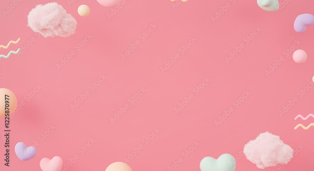 Pastel Pink Background with 3d Hearts Clouds and Balls Pastel Pink Background with 3d Hearts Clouds and Balls