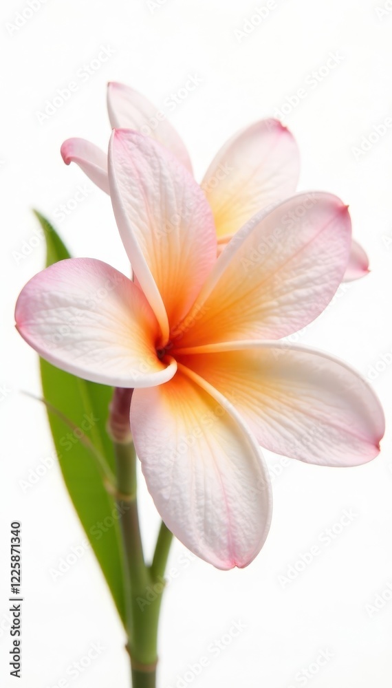Close-up of isolated frangipani, pure white backdrop Vivid colors, intricate details , floral, vibrant