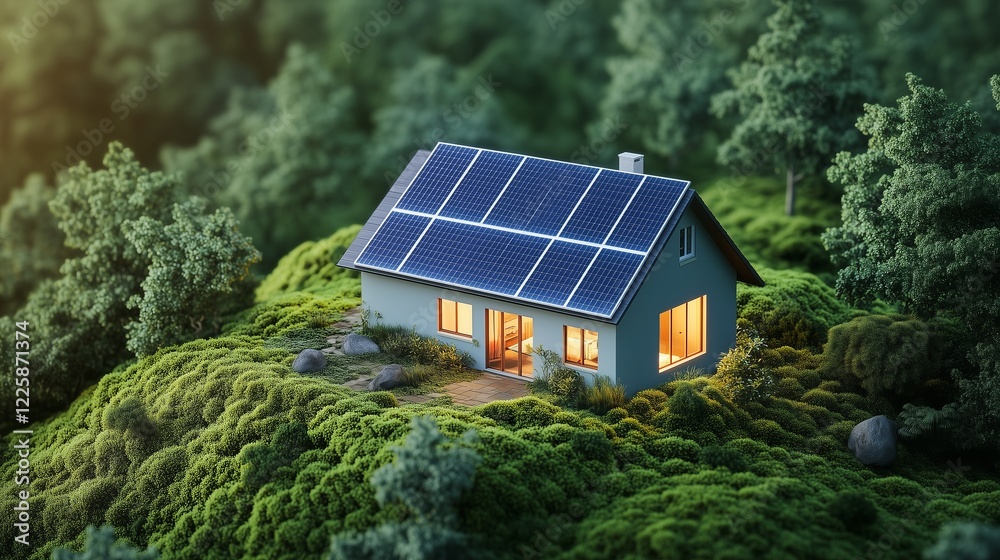 Eco Friendly House With Solar Panels On Green Moss Eco Friendly House With Solar Panels On Green Moss