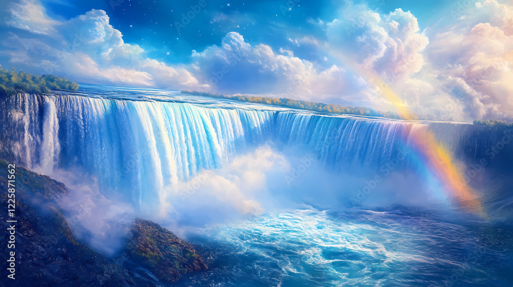 Fototapeta premium Surreal niagara falls: dreamlike water cascade & celestial rainbow. Heavenly Falls. Illustration