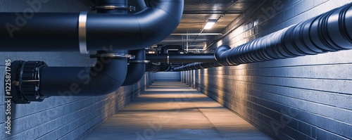 Industrial pipeline system running along corridor of modern factory