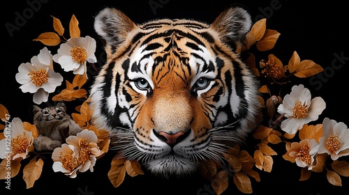   A close-up tiger encircled by flwrs, d wth tht ct n bckgnd, h wht nd orgn flwrs photo