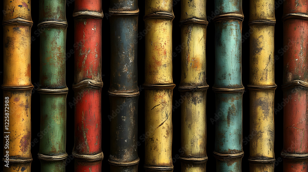 Colorful painted bamboo stalks, textured background, Asian design, home decor