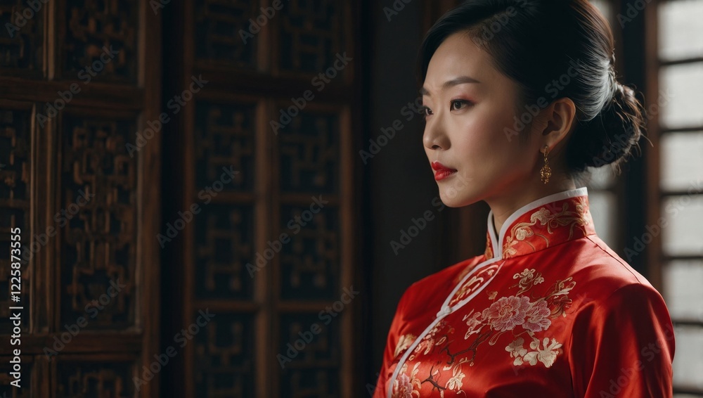Elegant Asian Woman in a Red Cheongsam. A sophisticated Asian woman in a red embroidered cheongsam, gazing into the distance Elegant Asian Woman in a Red Cheongsam. A sophisticated Asian woman in a red embroidered cheongsam, gazing into the distance