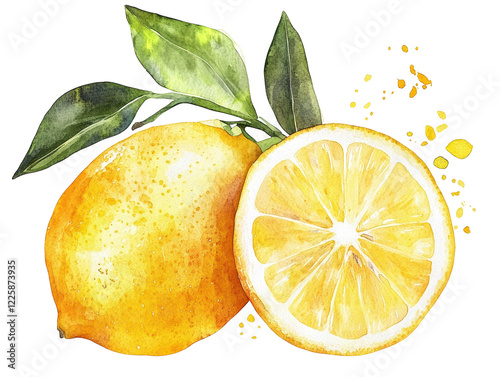 Isolated Lemon with Leaf Watercolor