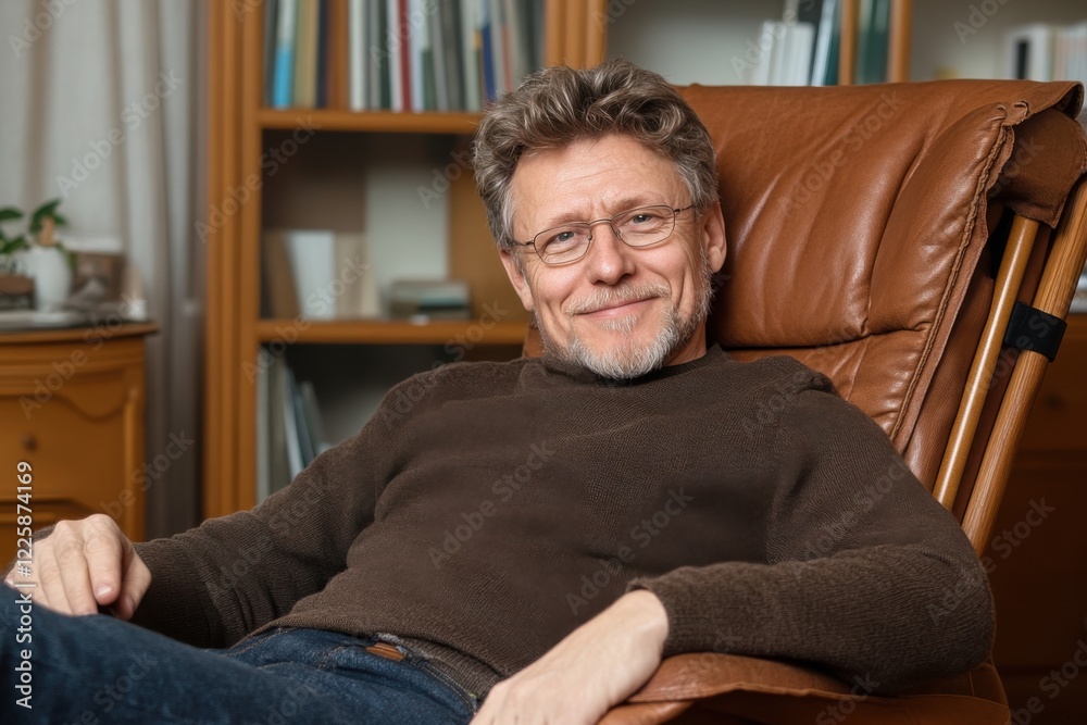 Man is sitting in a chair with a smile on his face. He is wearing glasses and a brown sweater. The room has a lot of books and a potted plant Man is sitting in a chair with a smile on his face. He is wearing glasses and a brown sweater. The room has a lot of books and a potted plant