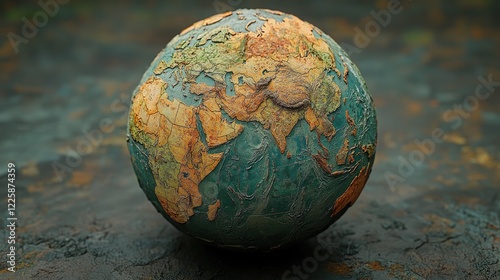 An aged globe rests on a textured surface photo