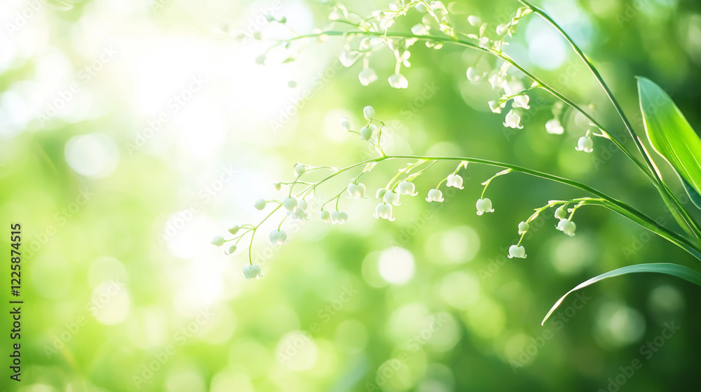 Lily of the valley with tiny white bells is blooming in spring forest with beautiful bokeh and backlighting creating a fresh and vibrant atmosphere Lily of the valley with tiny white bells is blooming in spring forest with beautiful bokeh and backlighting creating a fresh and vibrant atmosphere
