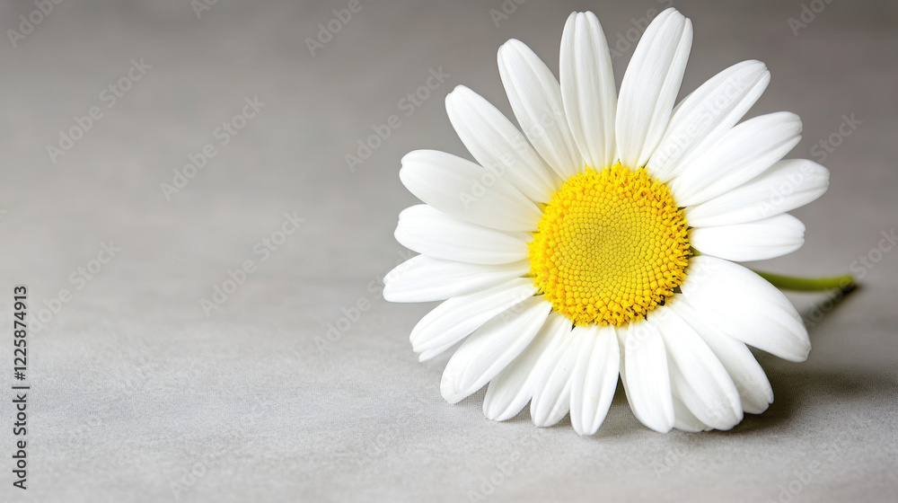 Obraz premium Close-up of a white daisy with a yellow center lying on a gray background, illuminated by soft sunlight, creating a minimalist and high-key composition