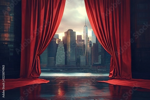 Red curtains opening on new york city skyline at sunset