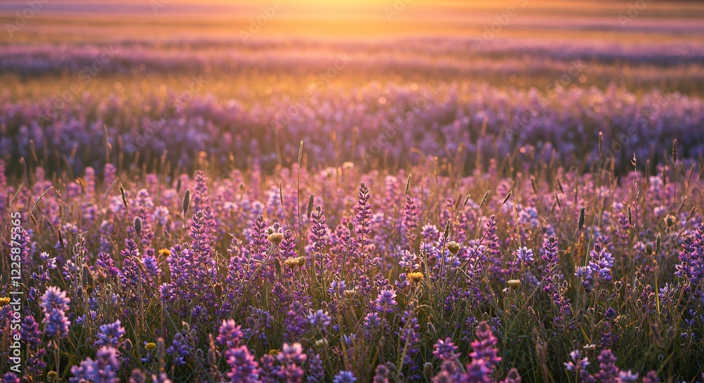 Fototapeta premium Sunset Lupine Field Landscape Golden Hour Photography