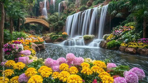A beautiful paradise land full of flowers, rivers and waterfalls, with beautiful bridge. Heavenly Falls. Illustration