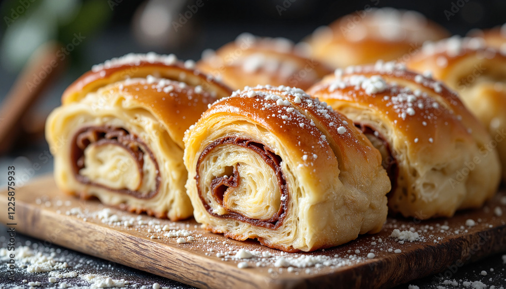 Delicious golden korvapuusti pastries on rustic wooden board, cozy setting Delicious golden korvapuusti pastries on rustic wooden board, cozy setting