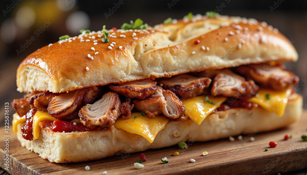 Delicious pork sandwich with melted cheese on wooden board, savory indulgence Delicious pork sandwich with melted cheese on wooden board, savory indulgence