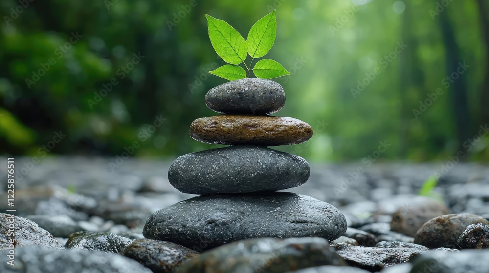 Tranquil forest scene Stacked stones with sprout, symbolizing growth and nature's peace Tranquil forest scene Stacked stones with sprout, symbolizing growth and nature's peace
