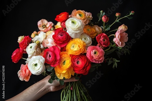 Stunning mixed flower arrangement featuring Ranunculus in a woman s hand Floral shop idea Fresh cut bouquet delivery photo