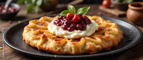 Traditional papanasi dessert with berry jam and sour cream, indulgent treat photo