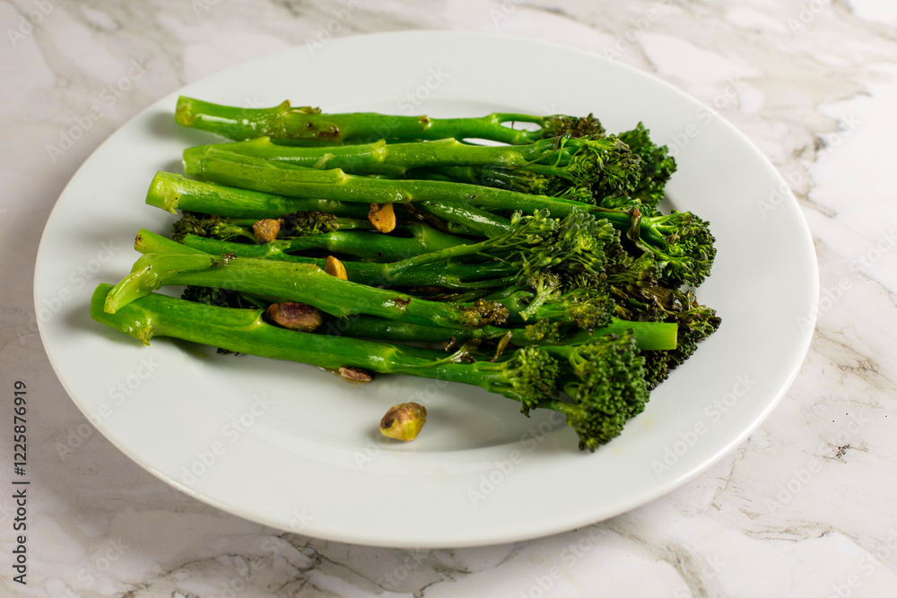 Top view of a plate with broccolini Top view of a plate with broccolini