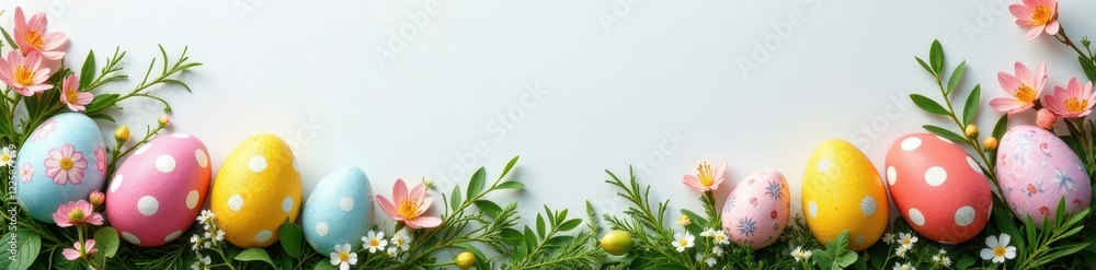 Fototapeta premium Intricate Easter wreath, painted eggs, floral accents , easter decor, colorful eggs