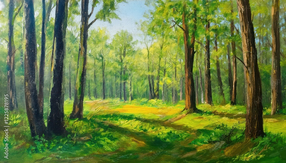 Vivid Summers Glow Illuminates Lush Deciduous Forest, Capturing the Serene Beauty and Tranquility of a Sunlit Woodland Retreat Vivid Summers Glow Illuminates Lush Deciduous Forest, Capturing the Serene Beauty and Tranquility of a Sunlit Woodland Retreat