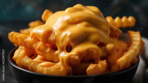Delicious cheesy crinkle-cut fries served in a black bowl ready for enjoyment
