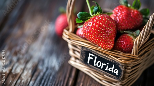 Fresh strawberries in a wicker basket with the word 