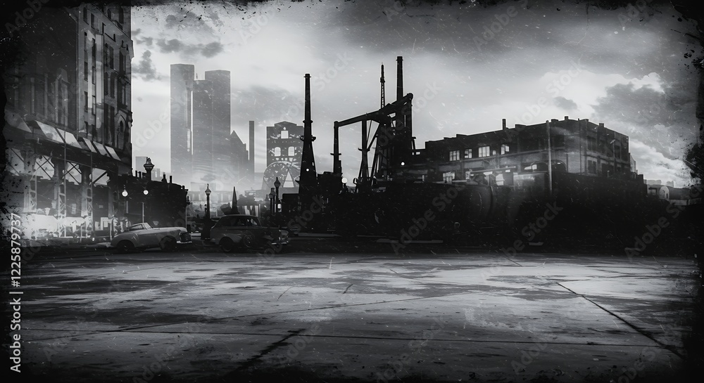 Obraz premium Dramatic Black and White Industrial Cityscape Photo