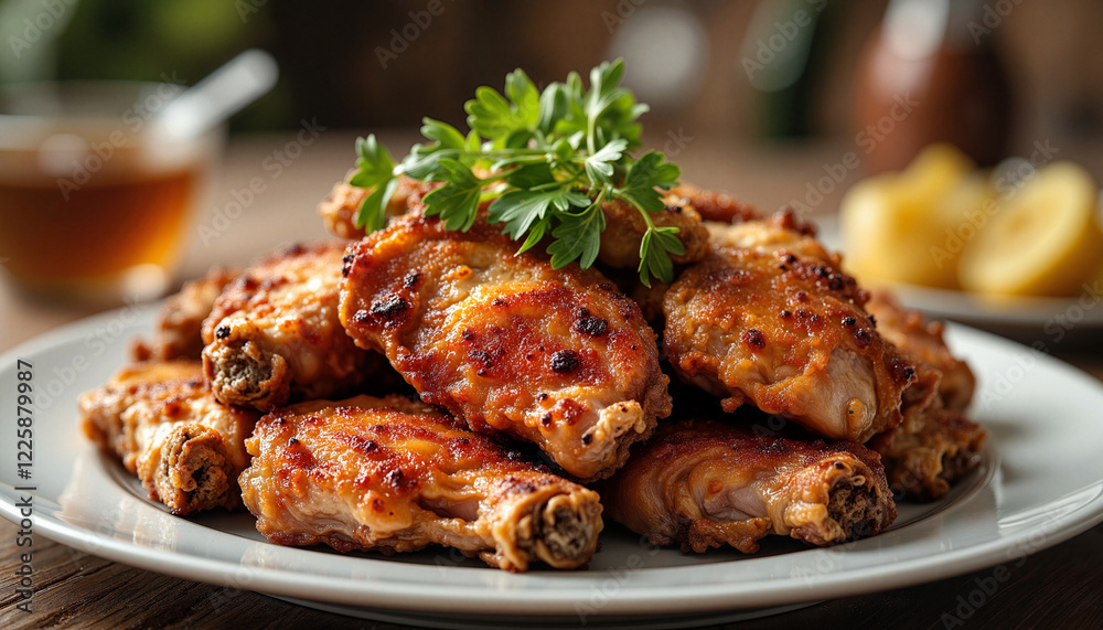 Savory chicken wings garnished with parsley on rustic dining table, culinary delight Savory chicken wings garnished with parsley on rustic dining table, culinary delight