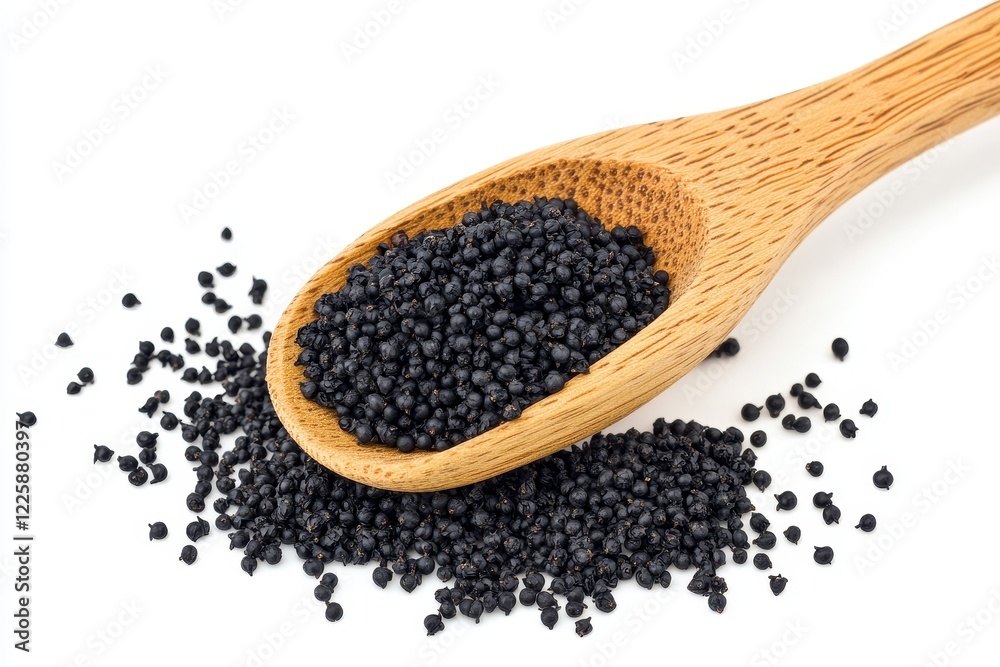 Top view of a wooden spoon filled with elderberries on a white background Top view of a wooden spoon filled with elderberries on a white background