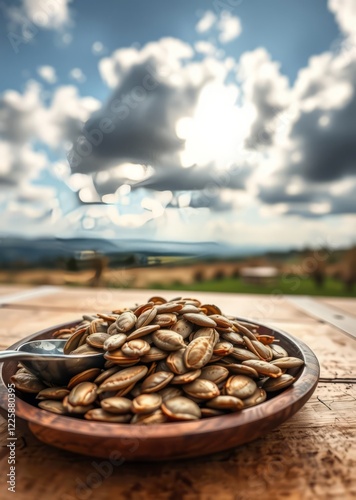 Raw peeled pumpkin seeds in a wooden plate and spoon on the tablehealthy eatingdiet or vegan food concepttop viewcopy spaceselective focus Super Bowl football game sport ball american superbowl photo