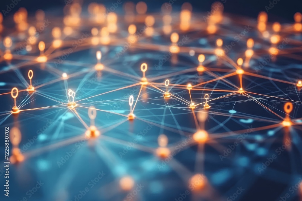 Fototapeta premium Glowing nodes interconnected by orange lines on blue.