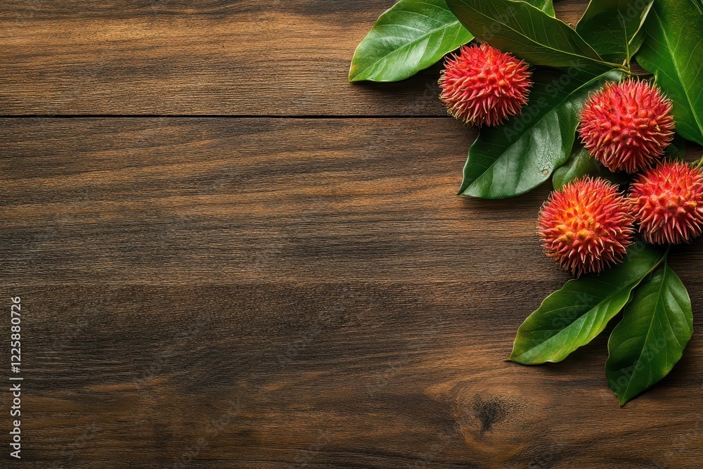 Top view of fresh rambutan and green leaf on wood Top view of fresh rambutan and green leaf on wood