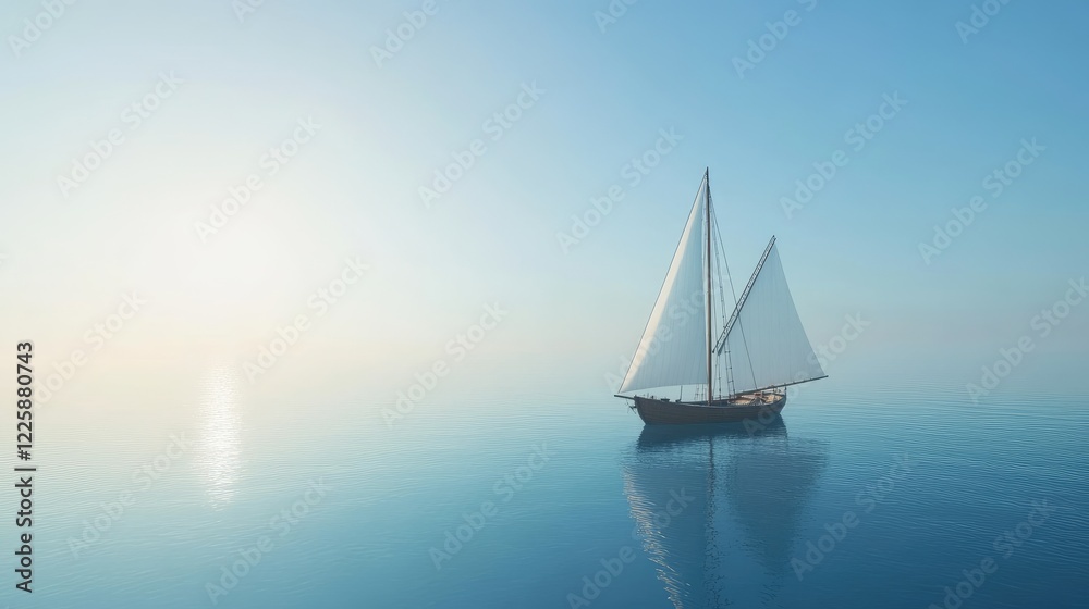 Fototapeta premium A serene sailboat gliding across calm blue waters under a clear sky.