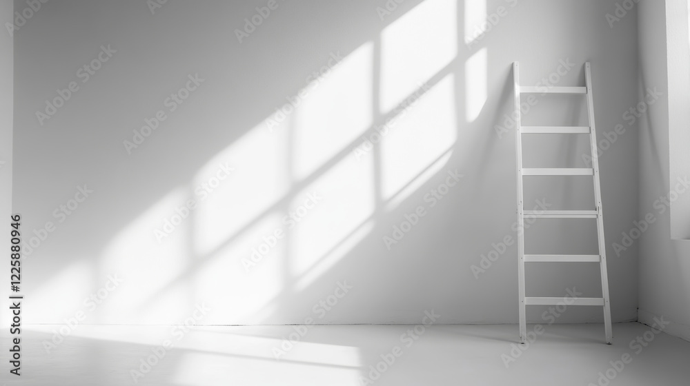 Fototapeta premium Minimalist high-key photo of a small white ladder leaning against a blank white wall with copyspace and window shadow in a bright empty room