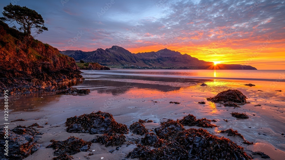 Sunset over coastal mountains, tranquil beach reflections. Use Travel brochure Sunset over coastal mountains, tranquil beach reflections. Use Travel brochure