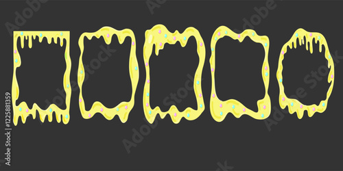 Yellow candy drips with scattered pearls on the forms - flowing sweet streams, sugary glaze with glossy melted texture Confectionery design element.