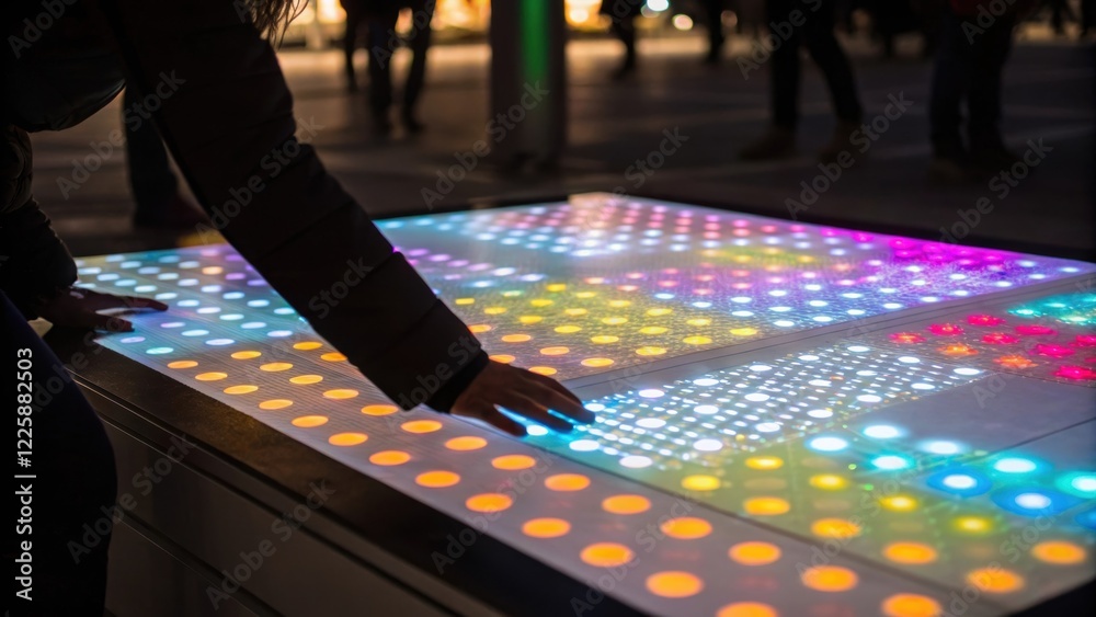 Fototapeta premium A closeup of a glowing LED display surface detailing the colorful patterns created by public engagement with hands of passersby faintly visible.